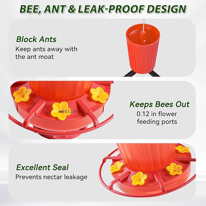 Retractable Hummingbird Feeder – 6 Feeding Ports, Leak-Proof, Ant & Bee Proof, Easy Top-Fill & Easy to Clean, Durable ASA Plastic, 18.5 oz Capacity, Adjustable Hanging System with 44" Extension(Red)