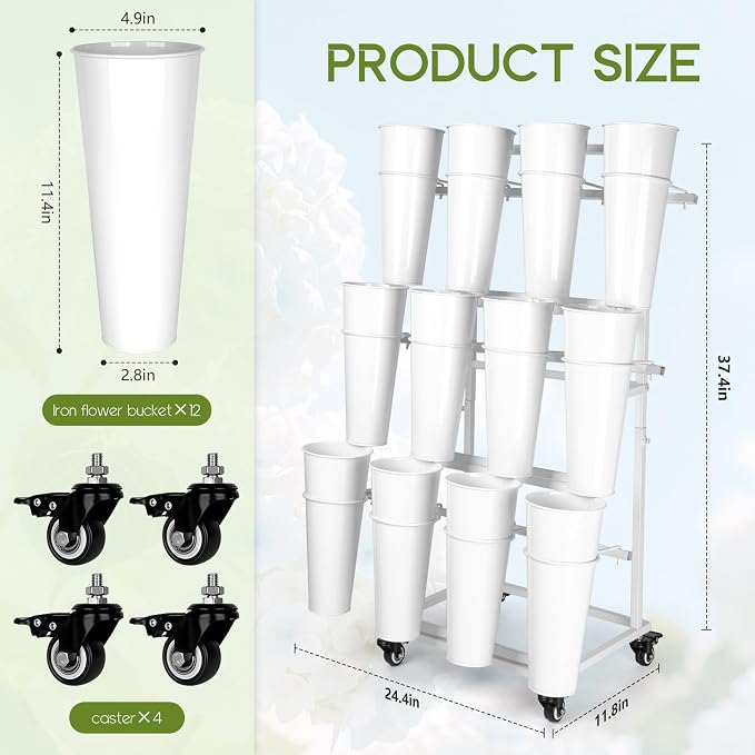 Flower Display Stand With 12 Buckets,3-Tier Flower Bar Stand with Wheels,Flower Cart Display Stand for Florist Garden Wedding Home Decor