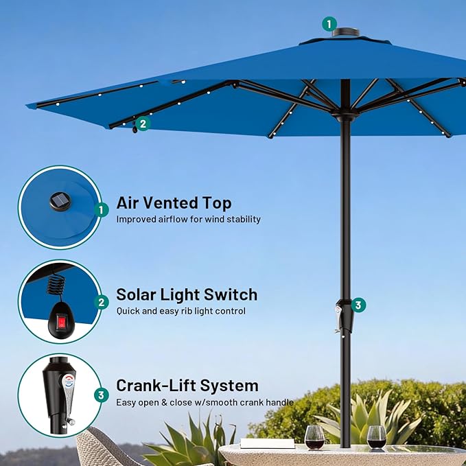AreShark 11FT Large Patio Umbrella with Solar Lights, Lighted Solar Umbrella with Crank, Outdoor Table Market Umbrellas for Garden, Deck, Backyard, Pool and Beach, Royal Blue