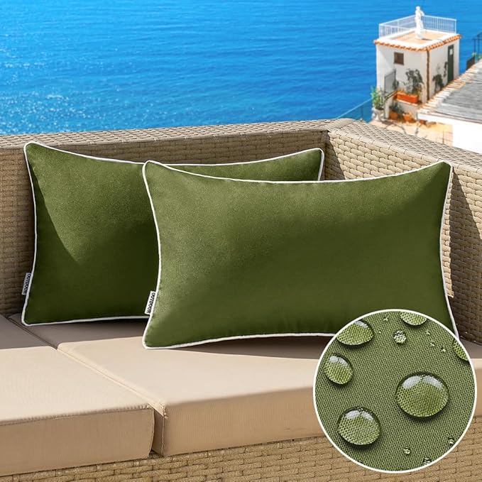 MIULEE Pack of 2 Outdoor Waterproof Pillow Covers Decorative Lumbar Spring Throw Pillows Solid Color Farmhouse Couch Cushion Covers for Patio Tent Bed Sofa Living Room 12x20 Inch Moss Green