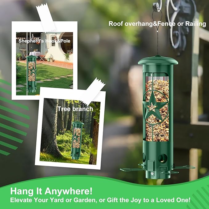 Squirrel Proof Bird Feeders for Outdoors Hanging, Metal Squirrel Proof Bird Feeder with Gravity Protection, 3LB Large Capacity Wild Bird Feeders for Outside Finch, Cardinal, Blue Jay (Green)