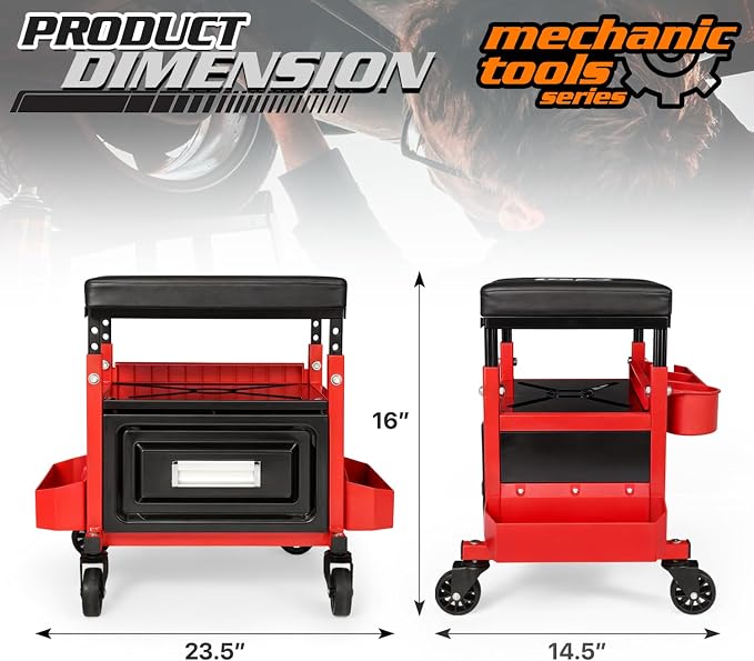 M-AUTO Mechanic Stool Garage Rolling Tool Chest Seat w/Drawer & Tray, 350LBS Capacity Multi-Function Adjustable Height Mechanic Creeper Seat for Projects Inside The Garage and Workshop, Red