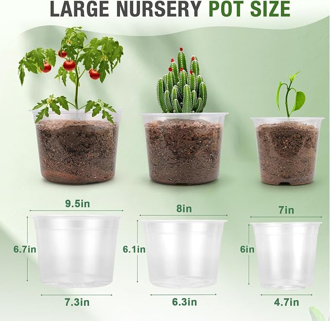 7/8/10 Inch Large Clear Nursery Pots with Drainage, 9 Pack Plastic Pots for Plants, Clear Plant Seedling Pots for Indoor & Outdoor Gardening (7 8 10 inch)