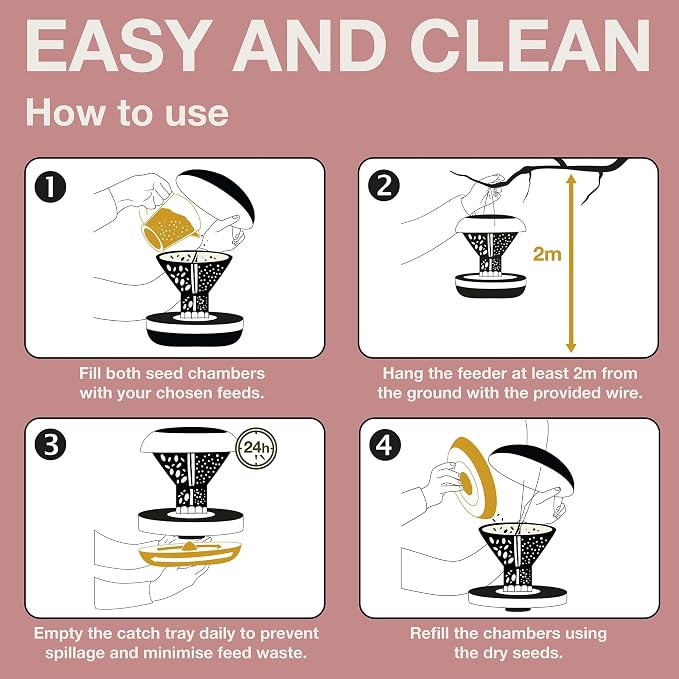 SWISSINNO Bird Feeders - No Mess Hanging Bird Feeder for Outdoors - Smart Birds Davos Spill Proof Wild Cardinal & Small Bird Feeder with Integrated Seed Catcher Tray - Dual Chamber - Dusty Rose