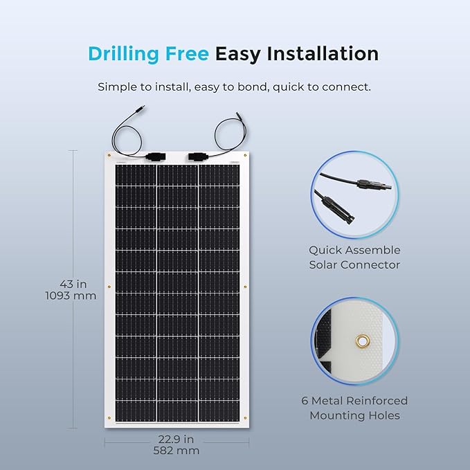 Renogy Flexible Solar Panel 100 Watt 12 Volt Monocrystalline Semi-Flexible Bendable Mono Off-Grid Charger for Marine RV Cabin Van Car Uneven Surfaces