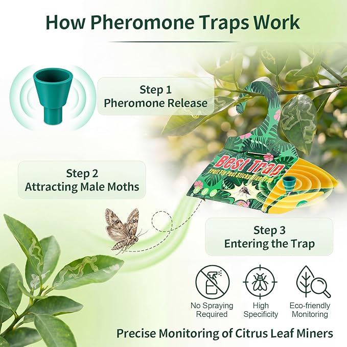 6 Pack Citrus Leafminer Trap & Lure with Pheromone Lures – Triangular Hanging Sticky for All Varieties of Citrus Trees, Includes 6 Traps & 6 Lures, for Orchard & Garden Use