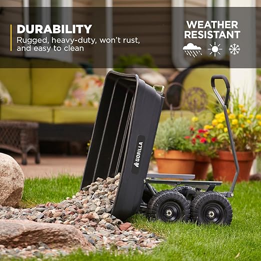 Gorilla Carts Poly Garden Dump Cart, 4 Cu Ft Tub, 600 lb Haul Capacity, Black – Heavy-Duty Utility Wagon with Quick-Release Dumping & Pneumatic Tires for Yard, Landscaping and Gardening
