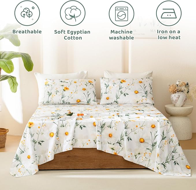 QSH 4PCs Green Floral Egyptian Cotton Sheets King Size,Yellow Platycodon Flowers Botanical Pattern Printed Bedding Sheets King Aesthetic Extra Soft and Breathable 17.5" Deep Pockets Bed Sheet