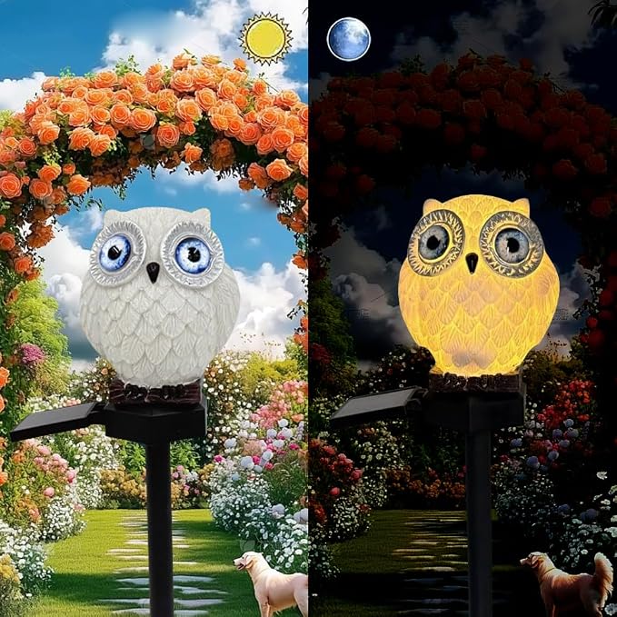 Solar Powered White Blue Eyed owl Lights, Garden Decorative Resin Cute Animal Ground lamp, Wireless Dusk to Dawn LED Warm Lights Waterproof.
