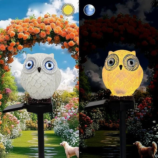 Solar Powered White Blue Eyed owl Lights, Garden Decorative Resin Cute Animal Ground lamp, Wireless Dusk to Dawn LED Warm Lights Waterproof.