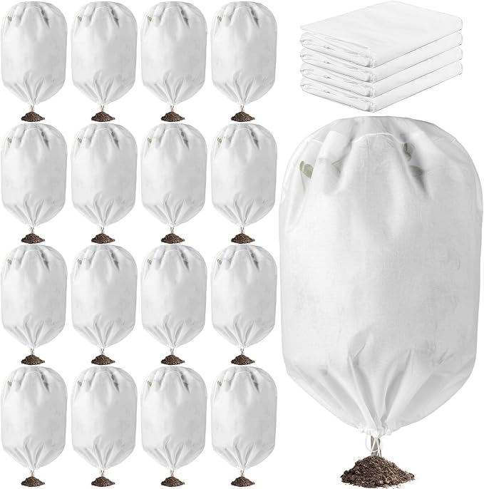 SATINIOR 16 Pcs 47 x 71 Inch Plant Covers Freeze Protection, Reusable Plant Protector Frost Cloth Warm Blankets, Winter Bush Tree Cover with Drawstring Outdoor (White)