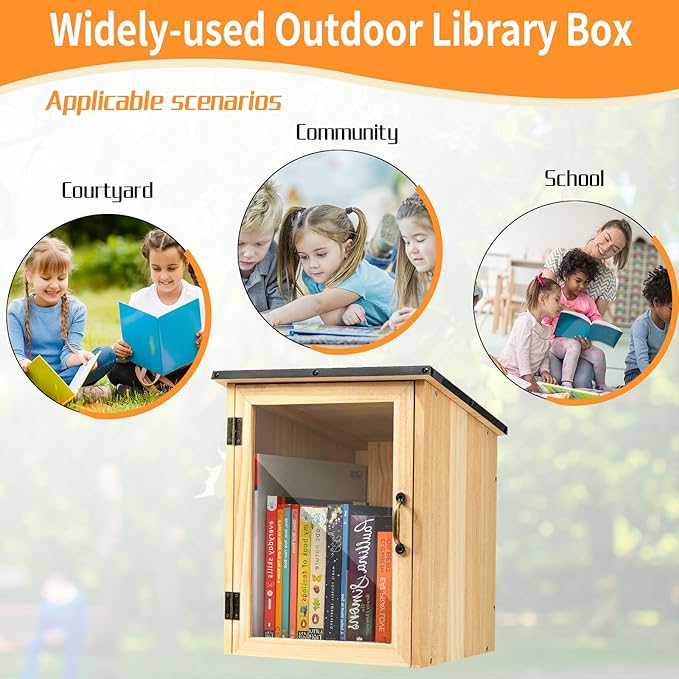 Little Library Box Outdoor, Waterproof Wooden Book Cabinet with Clear Window for DIY, Community & School Sharing, Weatherproof Neighborhood Book Exchange for Literature, Magazines & Newspapers