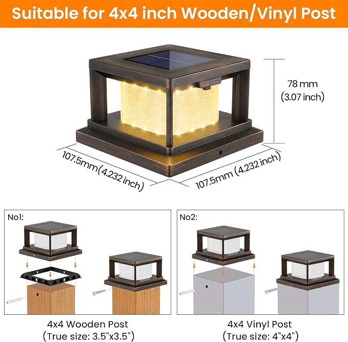 Mlambert 4 Pack Solar Post Lights Outdoor, 2 Modes LED Fence Cap Light for 4x4 Post, Waterproof Deck Light Patio Garden Decor, Warm/Cool White, Brown