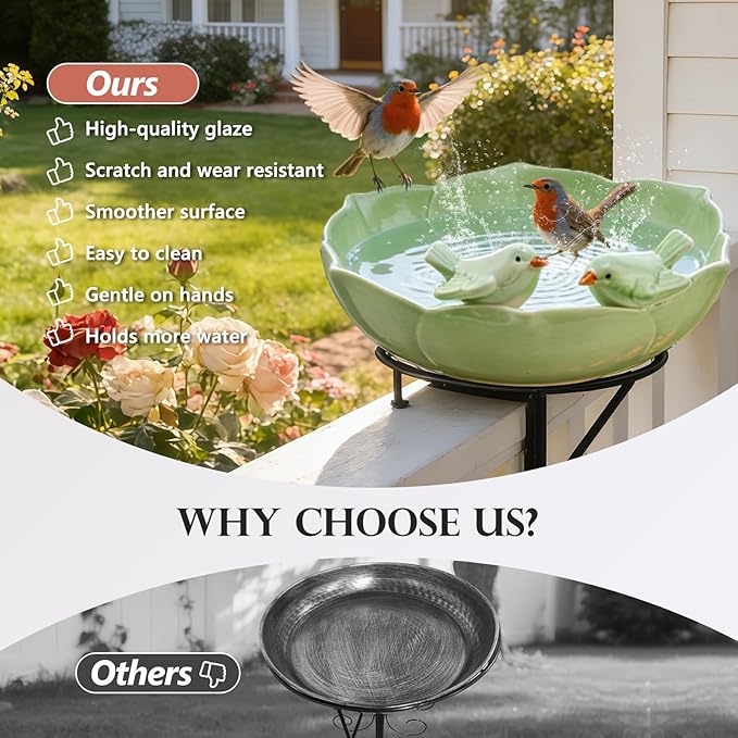 Ceramic Bird Bath for Outdoors, 10.1” Hand-Painted Glazed Ceramic Bird Baths Bowls and Feeders for Outside, UV/Frost-Resistant Finish Ground Garden Table Top Bird Baths Decor for Patio Yard Home Green