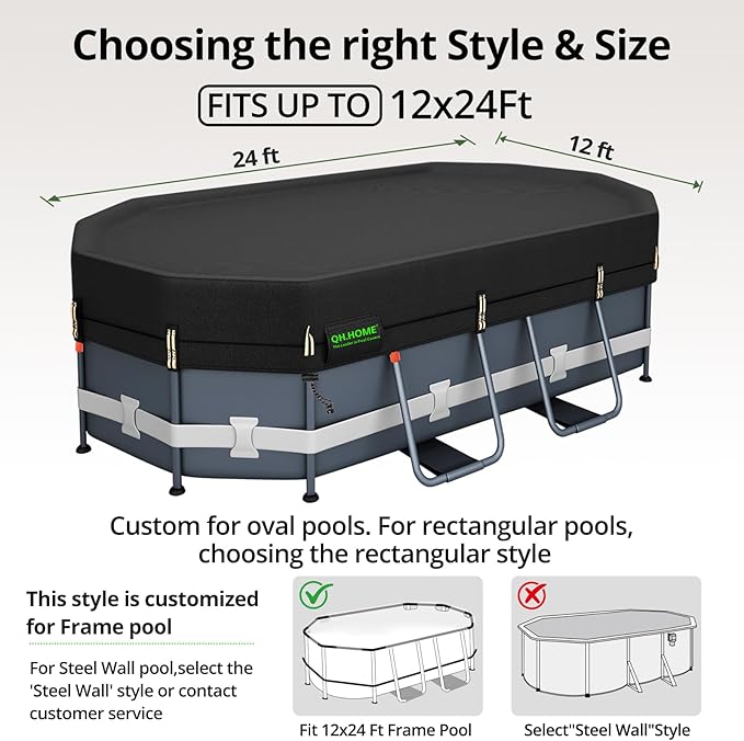 QH.HOME 550D 12x24 Ft Oval Pool Cover [Upgraded Tear Resistant & Quadruple Windpoof] wth Pre-Installed Patented Winch and Rope,Pool Covers for Above Ground Pools Oval-Snug Fit & Waterproof Protection