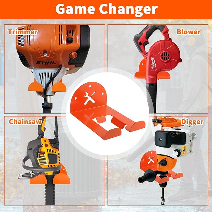 Upgraded Trimmer Rack Wall Mount - 8" Heavy Duty Weed Eater Hanger for Garage Wall, Garden Power Tool Holder Organizer Hooks for Grass Trimmer, Hedge Trimmer, Leaf Blower and Chainsaw, Orange, 3 Pack