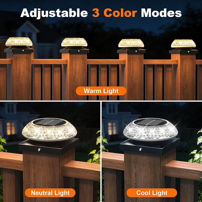 Solar Post Cap Lights 8 Pack: Fence Post Solar Lights with 3 Lighting Modes & Round Lampshade for 3.5x3.5,4x4,Wood & Vinyl Posts - Waterproof Outdoor Deck Post Light for Garden/Patio