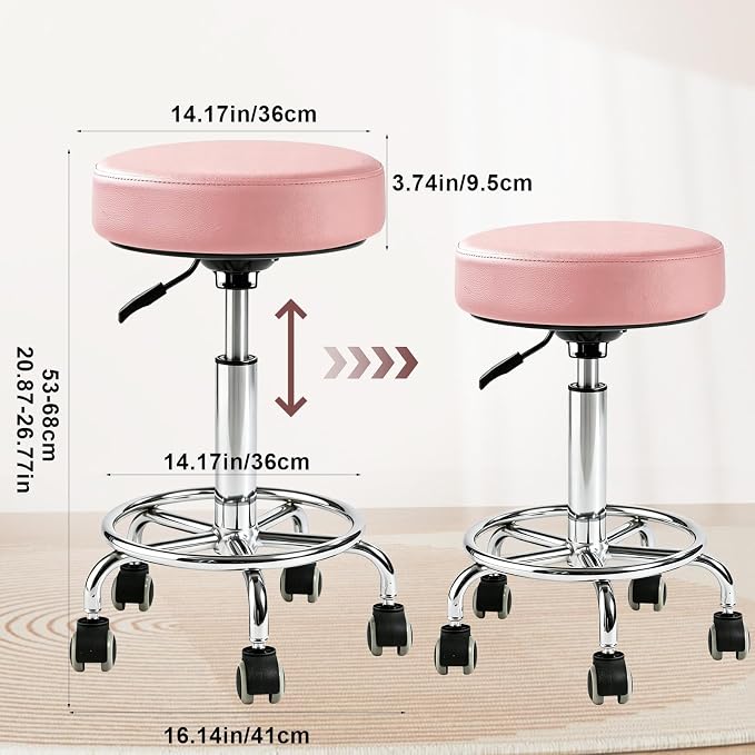 Adjustable Rolling Stool with Wheels Heavy Duty Round RollingStool with Footrest, Patent Leather Drafting Stool Chair with Wheels Work Spa Salon Seat, Pink