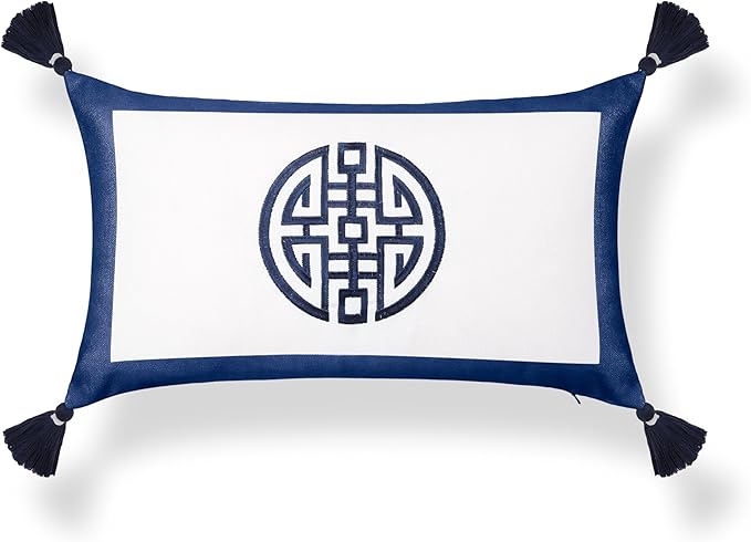 Hofdeco Premium Coastal Hampton Patio Indoor Outdoor Lumbar Pillow Cover Only, 12"x20" Water Repellent for Backyard, Couch, Poolside, Navy Blue Embroidered Double Happiness Symbol