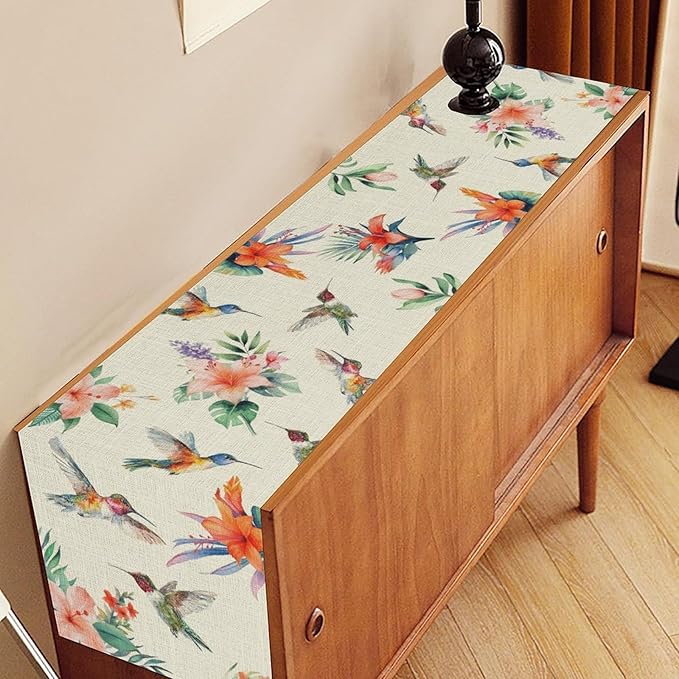 Tropical Floral Table Runner, Retro Seasonal Spring Summer Red Flower Palm Hummingbird Boho Rustic Coffee Table Center Decor for Family Kitchen and Dining Farmhouse Party Table Decorations, 13"x36"