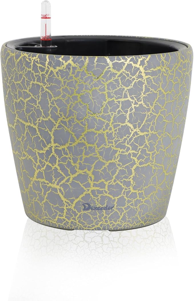 Dexceder 11x10 Self Watering Planter (Grey Gold Crackle) | Inner Pot Design, Thickened Table Flower Plant Pot with Water Level Indicator Indoor Outdoor