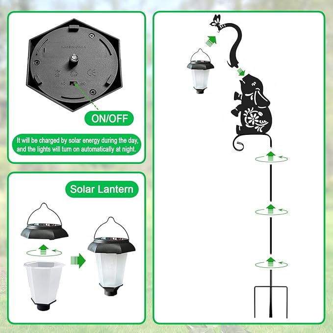 Metal Elephant with Solar Lantern Garden Stake,Garden Lights Solar Powered, Outdoor Decorations for Yard (Black Elephant)