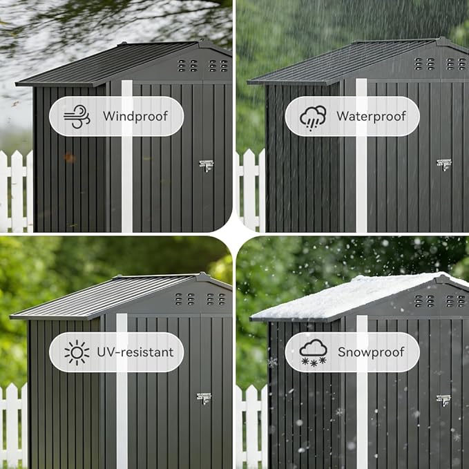COMHOMA Shed Storage Outdoor Metal Windowed Lockable Solar Motion Light Adjustable Weatherproof Ventilated Backyard Garden Utility Workshop(Grey,6'*4')