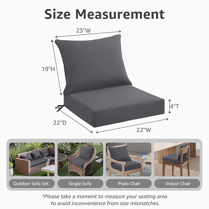 PatioGlow Outdoor Seat Cushion Set 22 x 22 x 4 Inch, Waterproof & Fade Resistant Patio Furniture Cushions with Removable Cover and Ties, Thick Deep Seating Pads for Outside Chair Sofa Couch, Grey