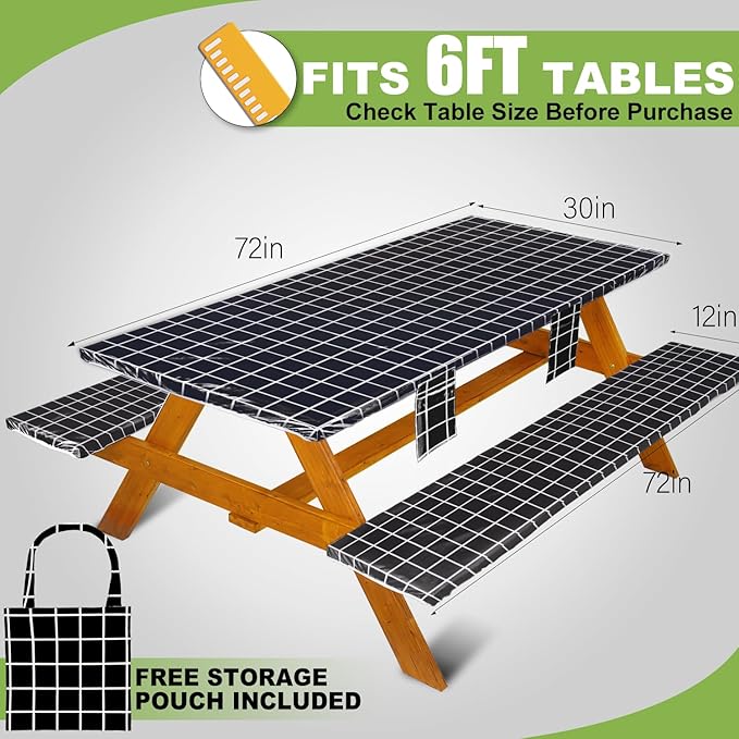 Picnic Table Cover with Bench Covers Vinyl Elastic Edges Fitted Rectangle Seat Tables Waterproof 3-Piece72X30in Set Outdoor Rectangular Folding Backing Tablecloth for Camping Over Size