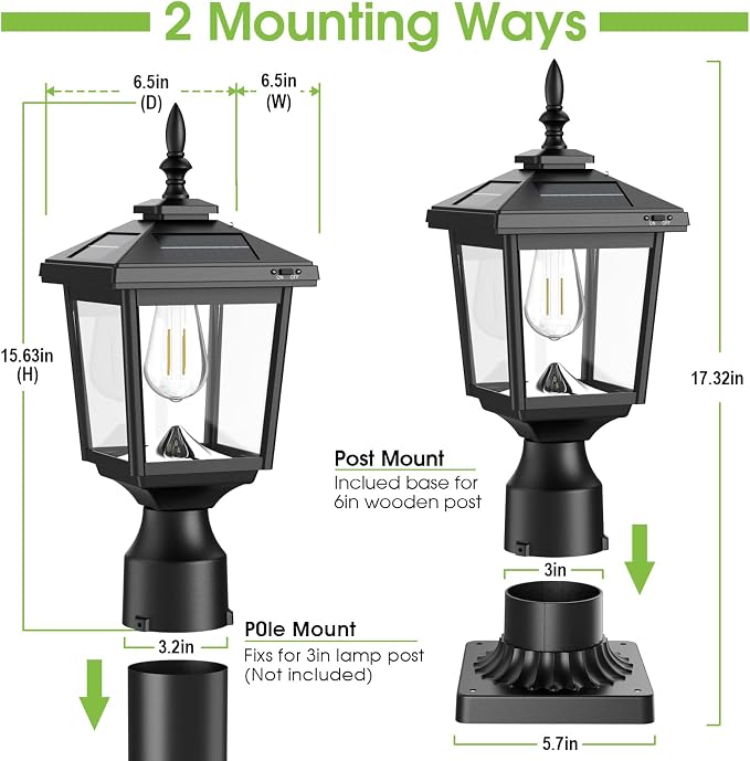 Greluna Solar Post Light with Pier Mount Base, 3000K Dusk to Dawn Lamp, Waterproof Outdoor Garden Yard Landscape Lighting, Decorative Pillar Light
