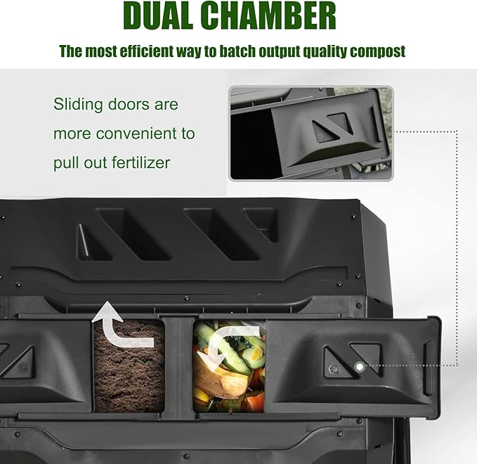 Outdoor Tumbling Composter, 43 Gallon Black Door, Fast Assemble Tumbling Composter, Dual Chamber Composter Tumbler, Rotating Compost Bin for Outside, Backyard, Garden and Yard