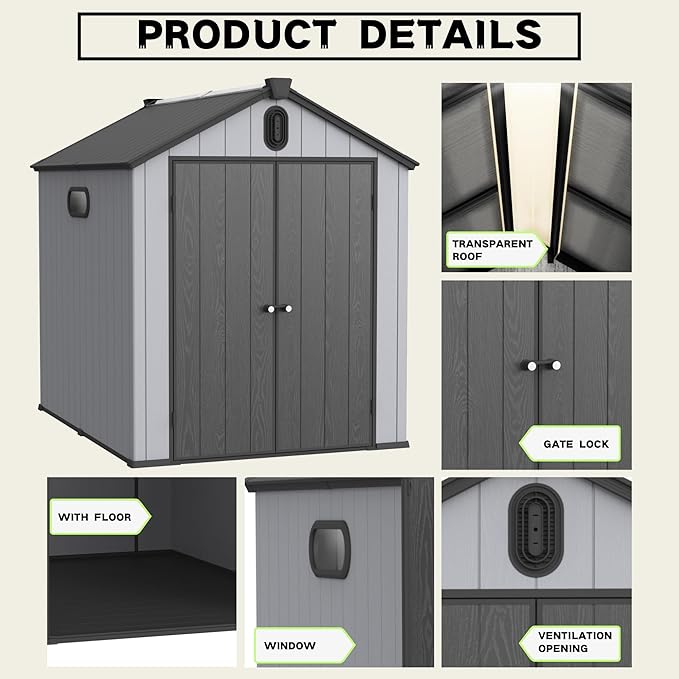 YOPTO 6x8 FT Outdoor Storage Shed with Hinge Door,Window & Air Vent,Outdoor Plastic Tool House W/Waterproof Tilted Roof,Heavy Duty Stroage Unit for Backyard,Patio,Lawn,Garden,Grey+Black