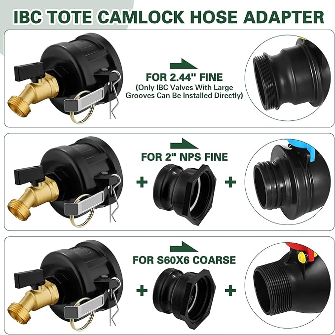 IBC Tote Adapter, 2" Cam Lock for 275-330 Gallon IBC Tote Tank with 2packs Groove Fittings, IBC Tote to Garden Hose Adapter with Brass Hose Faucet (3/4" Male NPT Inlet ×3/4" Male GHT Threaded)
