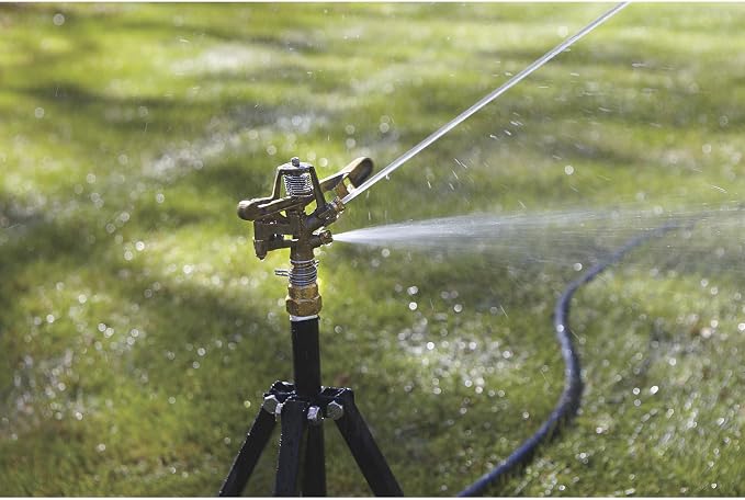 Strongway Tripod Sprinkler with Round Base, 3/4 in. Brass Head with 2 Nozzles, 100 Ft. Diameter Coverage, 7800 Sq. Ft., 6-10 GPM, Adjustable Full and Partial Circle, for Lawn and Garden