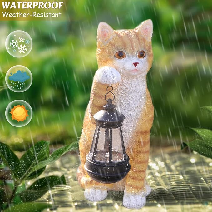WONDER GARDEN Solar Cat Garden Statue - Outdoor Cat Statues, Orange Cat Figurines with Solar Lantern Light for Patio, Yard, Lawn, Gardening Gifts for Women and Mom(11" Orange Cat)