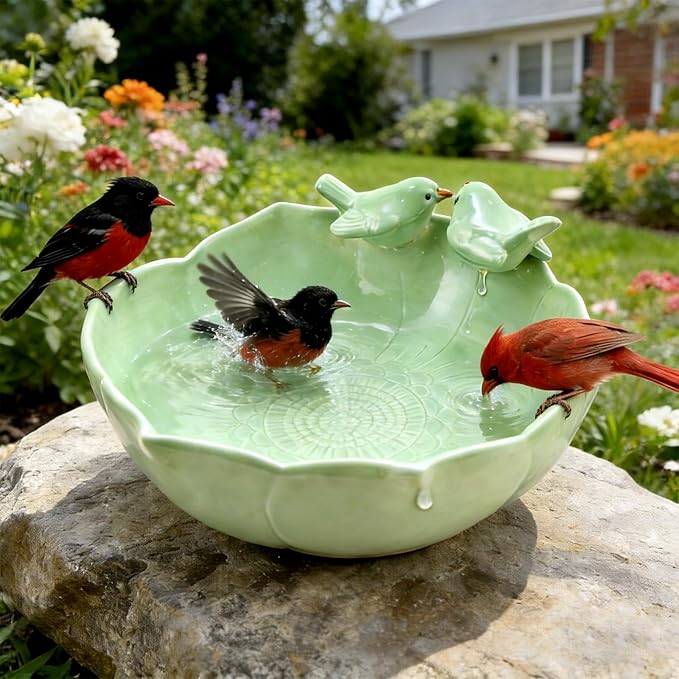 Ceramic Bird Bath for Outdoors, 10.1” Hand-Painted Glazed Ceramic Bird Baths Bowls and Feeders for Outside, UV/Frost-Resistant Finish Ground Garden Table Top Bird Baths Decor for Patio Yard Home Green