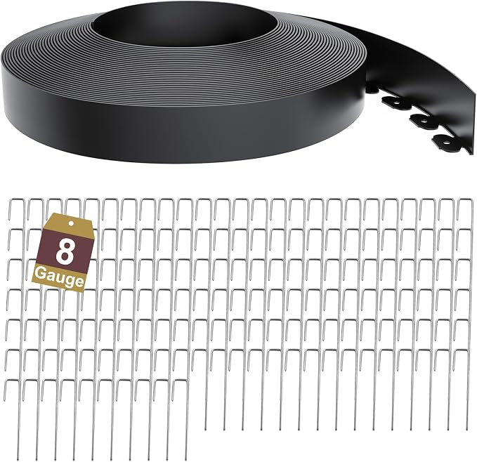 Landscape Edging Border 3 Inch Tall 150Ft with 160Pcs 8 Gauge Metal Spikes, Plastic Garden Edging Border Garden Fence Border Lawn Edging for Landscaping, Flower Bed, Tree Ring, Pathway