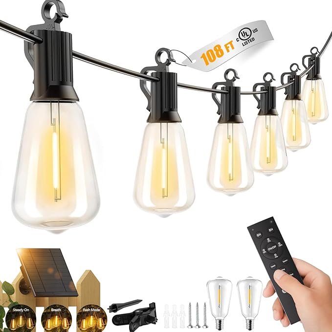 Brightown 108FT Solar String Lights Outdoor Waterproof with Remote, 50+2 LED Shatterproof Bulbs, Dimmable & Timable, 3 Light Modes - Commercial Grade Patio Lights for Garden Backyard Party Decor
