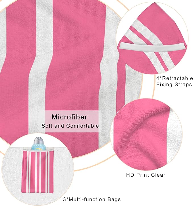 Lounge Chair Towel Cover, Beach Chair Covers (Pack of 2), Chaise Lounge Cover with 3 Pockets for Pool Beach Garden Courtyard Outdoor Trips, 85 x30 in, Striped Pink