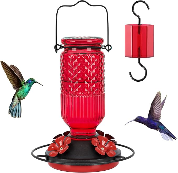 FEED GARDEN Glass Hummingbird Feeder 2 Pack, 16oz Leak-Proof with Ant Moat & Bee Guards, Easy Clean Wide Mouth, Metal Perches, Red Outdoor Hanging