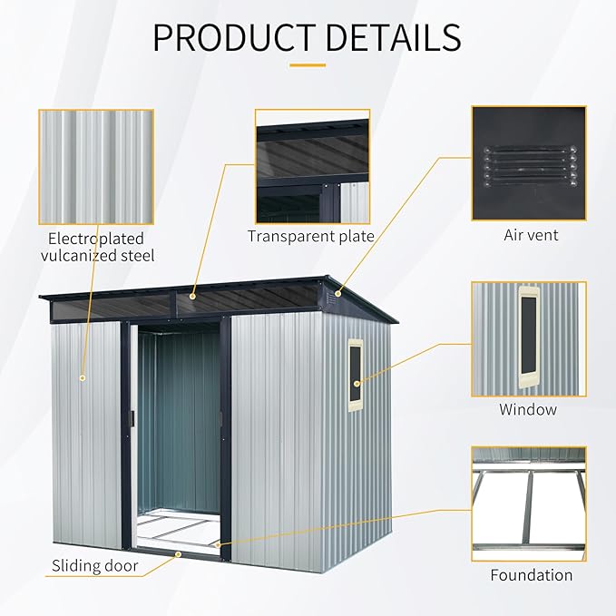 KEIKI 8x6 FT Outdoor Metal Storage Shed with Sloped Roof,Window,Transparent Plate and Lockable Sliding Door for Garden Yard Lawn