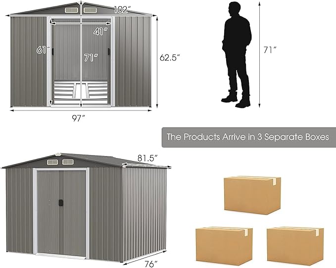 Goplus 8.5' x 6.8' x 6' Outdoor Storage Shed, Weather-Resistant Utility Storage House w/Foundation, 4 Air Vents, Double Doors & Ramp, Galvanized Steel Tool Shed for Garden, Lawn, Patio, Yard