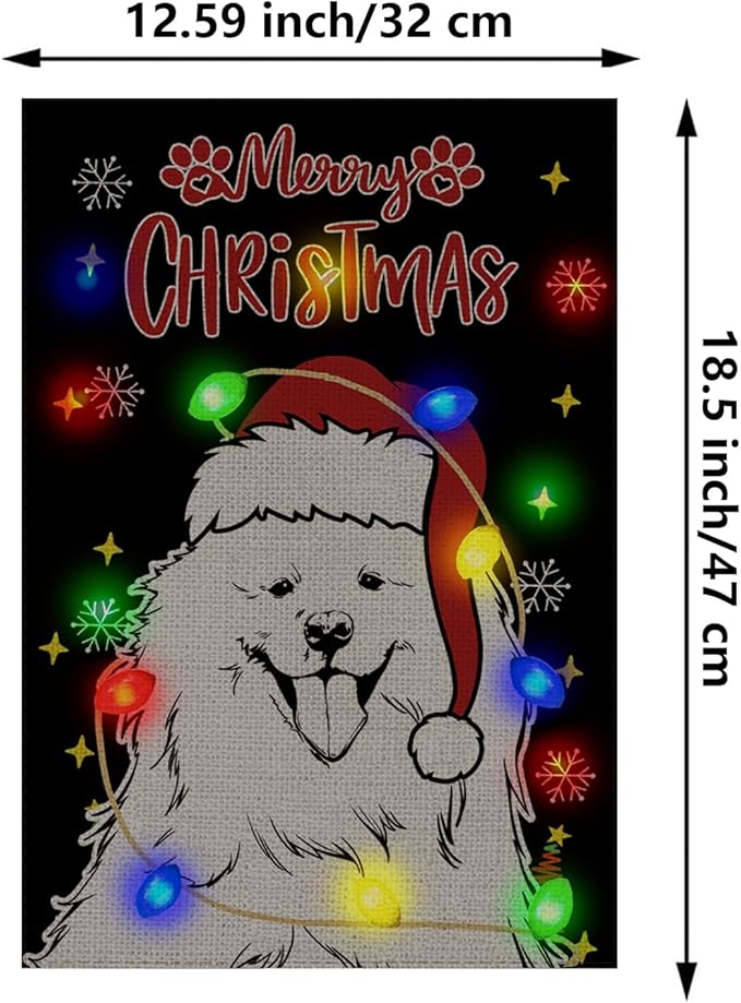 Christmas Dog Garden Flag - Led Samoyed Christmas Decor for Outside, Welcome Garden Flags Double-Sided Flag for Seasonal Christmas Winter Farmhouse Yard Lawn Decoration Gifts 12x18 inches