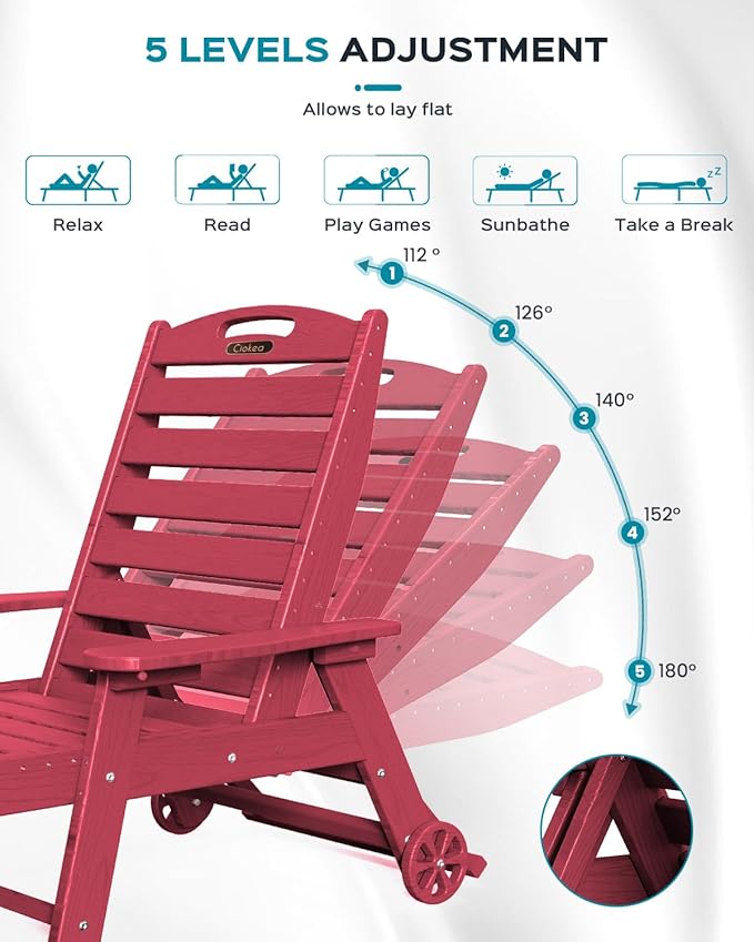 Outdoor Lounge Chair Set of 4, All Weather Patio Chaise Lounge Chair for Outside, HDPE Chair with Rolling Wheels & Cup Holder, 5 Position, Deck, Pool, Red