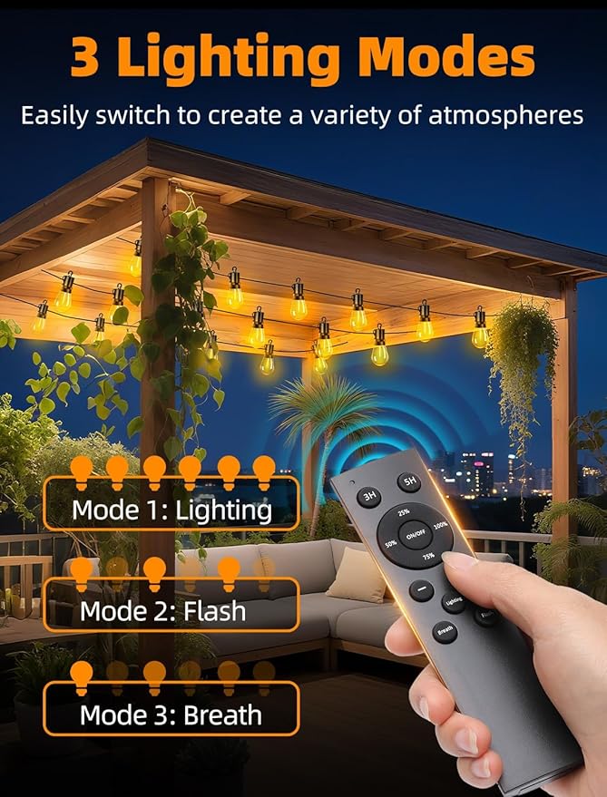 Outdoor Patio String Lights: S14 Shatterproof Bulb Outside Waterproof Light - 150Ft 45M Remote Dimmable Connectable Hanging Outdoor Electric Lighting - Garden Backyard Yard Gazebo Porch Party