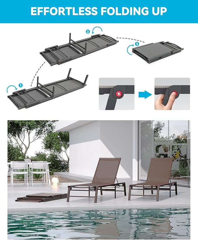Aluminum Chaise Lounge Chair Outdoor, Foldable Patio Lounge Chair Assemble-Free, Pool Lounge Chairs with 5 Adjustable Backrest, Outdoor Lounge Chairs for Outside Poolside Beach Lawn Brown