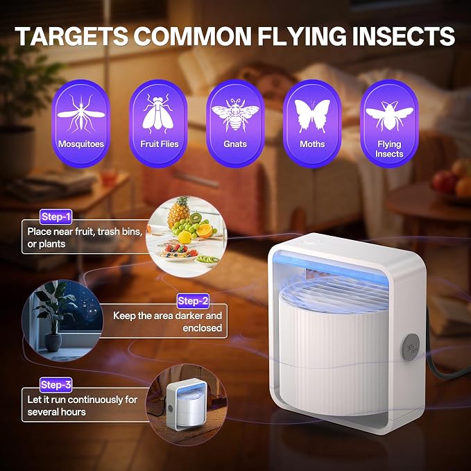 Fruit Fly Traps for Indoors, Gnat and Insects Catcher for House with UV Light, Fan Suction, Ideal for Garage, Kitchen, Patio, Plant Pots, Bedroom, 5 Sticky Pads Included, USB-C Powered