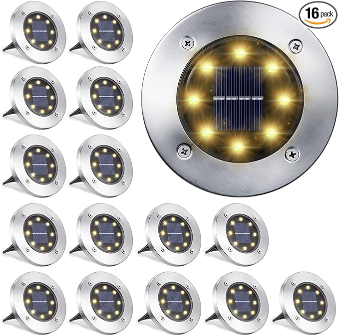 LYHOPE Solar Ground Light Outdoor, 16 Pack 8 LED Solar Disk Lights Waterproof Garden In-ground Pathway Lights Landscape Lighting for Lawn,Yard,Deck,Patio,Walkway (Warm White)