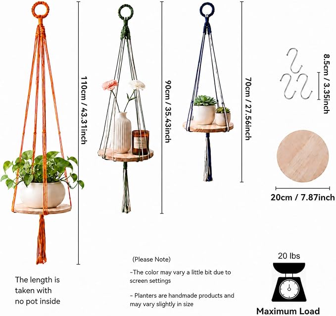 Artilady 3 Pack Hanging Planter with Wood Shelf, Macrame Plant Hanger for Indoor Boho Plants Basket Holder for Window Balcony Kitchen