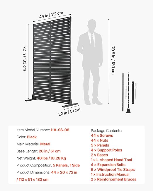 VEVOR Metal Privacy Screen, 44" W x 72" H Freestanding Modern Privacy Fence, Garden Divider Panel with Extended Base & Reinforcement Fixed, Freestanding Outdoor Divider for Garden, Indoor, Courtyard